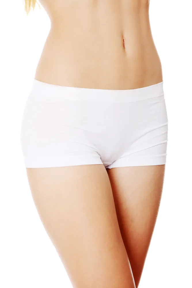 The lower body of the woman wearing short white underwear.